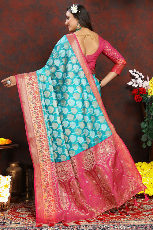 Load image into Gallery viewer, Surreptitious Firozi Soft Banarasi Silk Saree With Felicitous Blouse Piece
