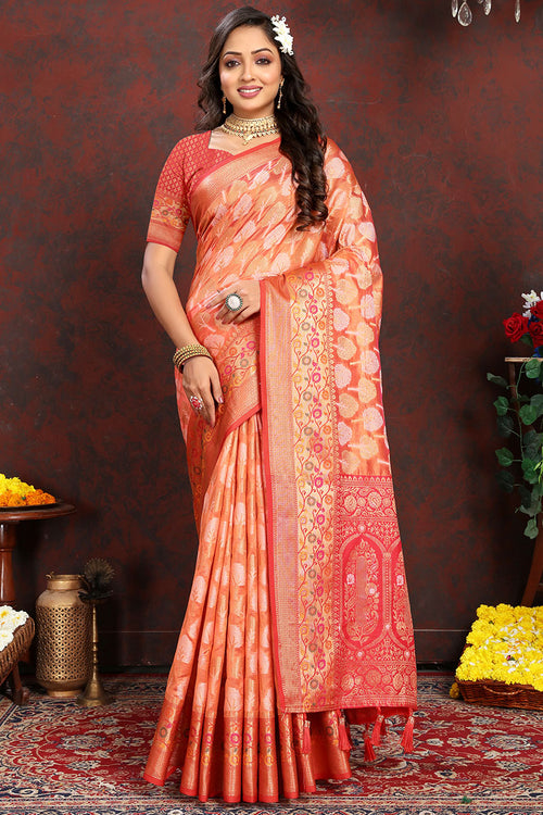 Load image into Gallery viewer, Snappy Orange Soft Banarasi Silk Saree With Improbable Blouse Piece
