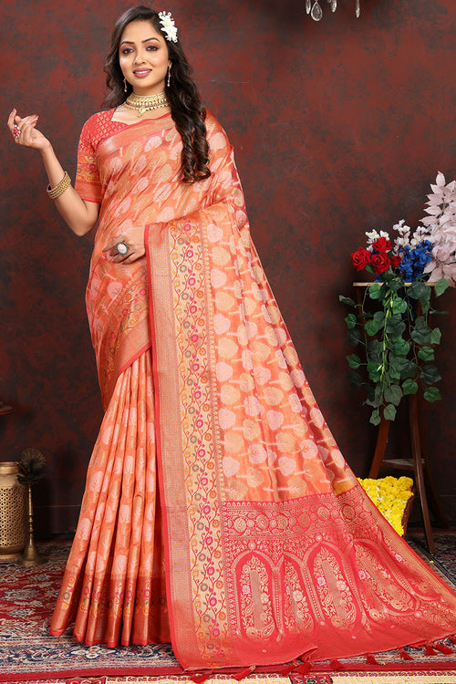 Load image into Gallery viewer, Snappy Orange Soft Banarasi Silk Saree With Improbable Blouse Piece
