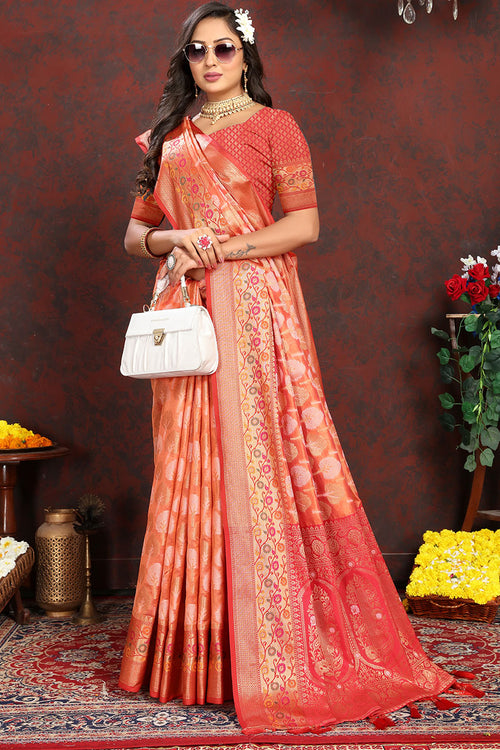 Load image into Gallery viewer, Snappy Orange Soft Banarasi Silk Saree With Improbable Blouse Piece
