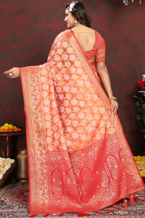 Load image into Gallery viewer, Snappy Orange Soft Banarasi Silk Saree With Improbable Blouse Piece
