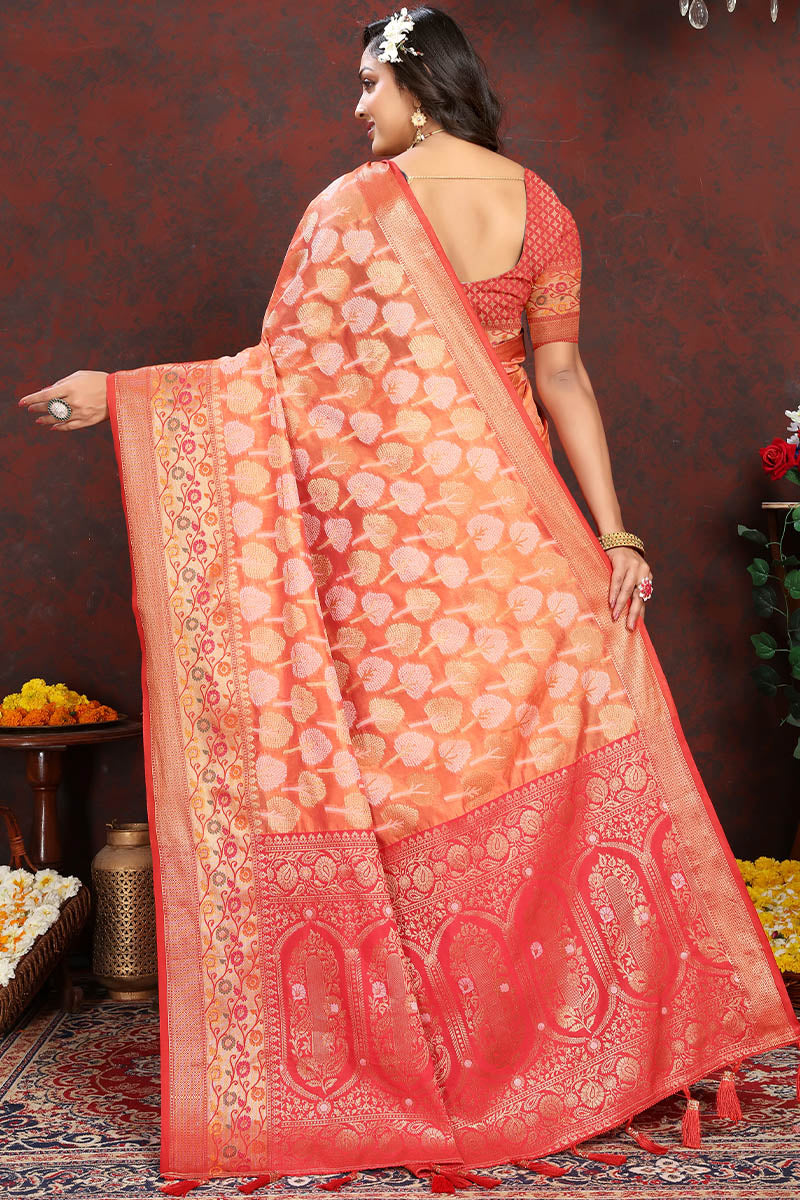 Snappy Orange Soft Banarasi Silk Saree With Improbable Blouse Piece