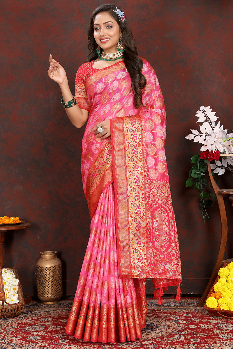 Inimitable Dark Pink Soft Banarasi Silk Saree With Ethereal Blouse Piece