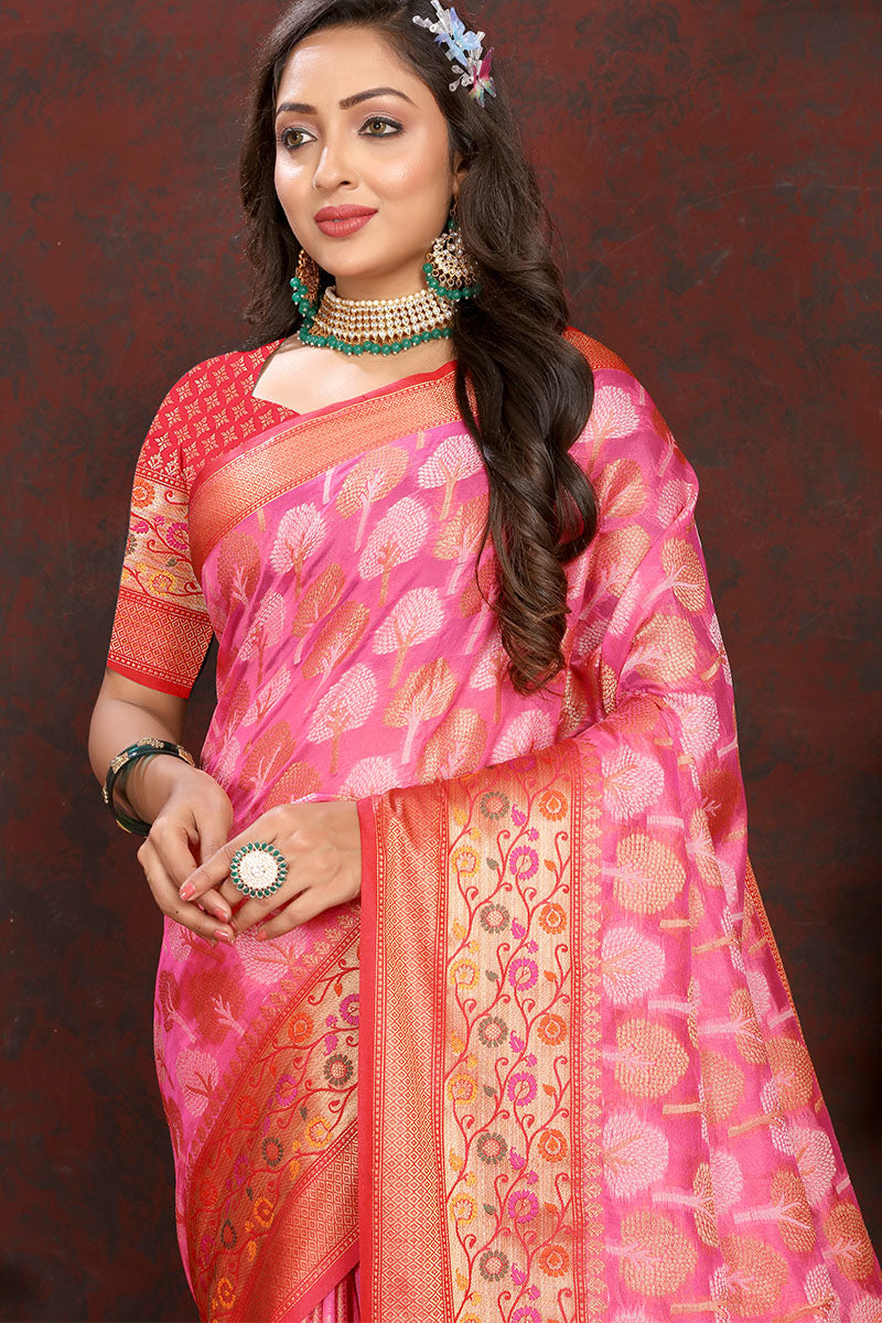 Inimitable Dark Pink Soft Banarasi Silk Saree With Ethereal Blouse Piece