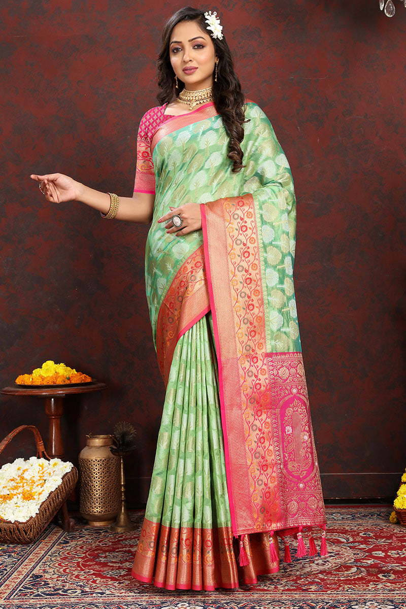 Lustrous Pista Soft Banarasi Silk Saree With Enamoring Blouse Piece