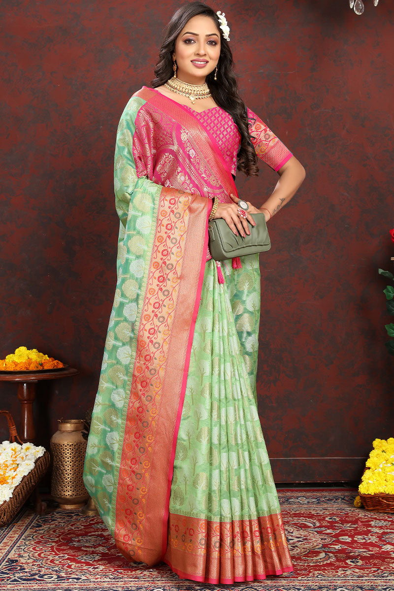 Lustrous Pista Soft Banarasi Silk Saree With Enamoring Blouse Piece