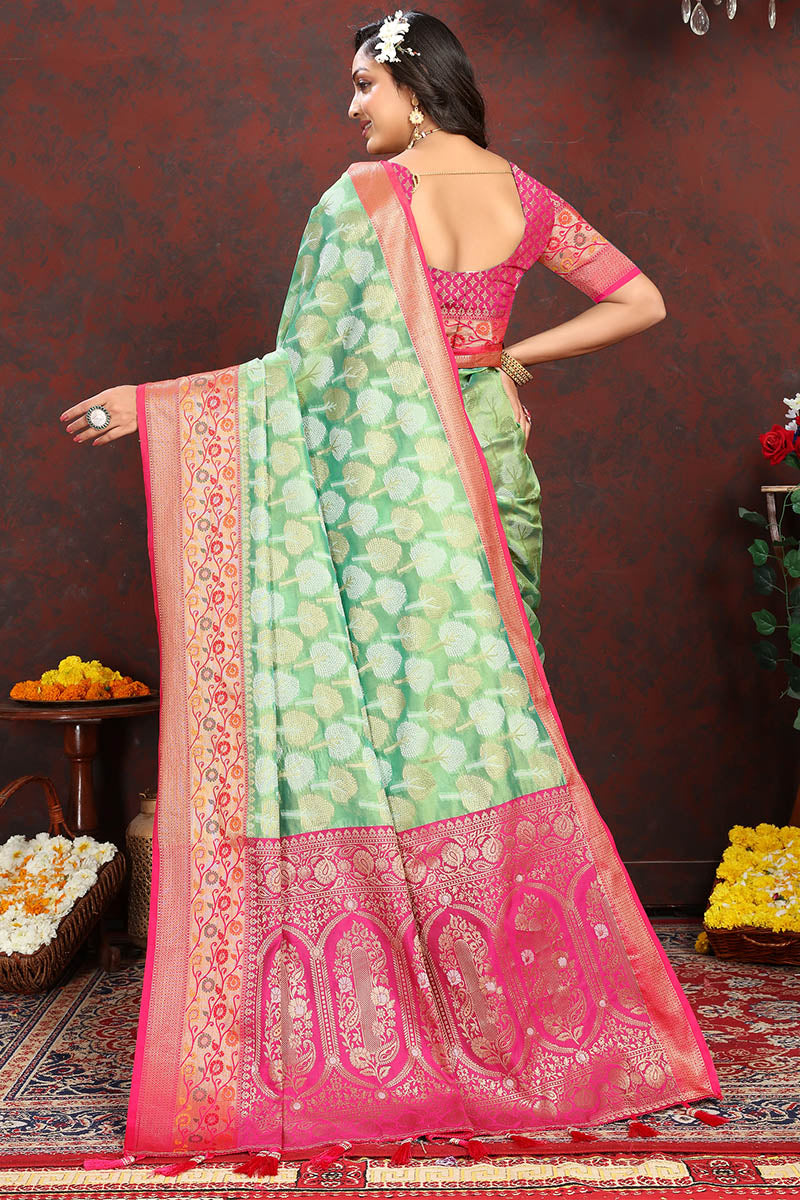 Lustrous Pista Soft Banarasi Silk Saree With Enamoring Blouse Piece