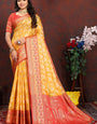 Enigmatic Yellow Soft Banarasi Silk Saree With Snappy Blouse Piece