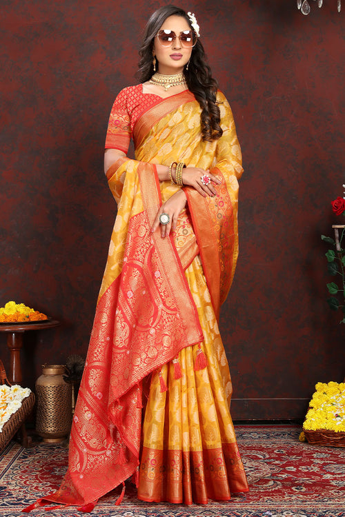 Load image into Gallery viewer, Enigmatic Yellow Soft Banarasi Silk Saree With Snappy Blouse Piece
