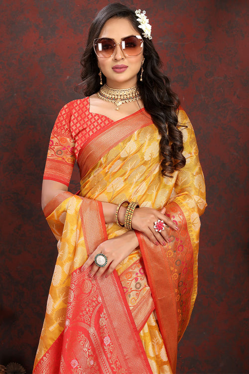 Load image into Gallery viewer, Enigmatic Yellow Soft Banarasi Silk Saree With Snappy Blouse Piece
