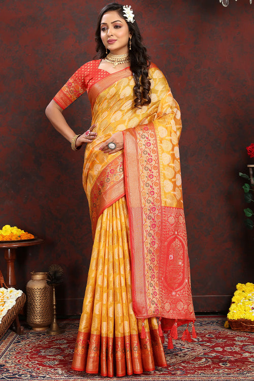 Load image into Gallery viewer, Enigmatic Yellow Soft Banarasi Silk Saree With Snappy Blouse Piece
