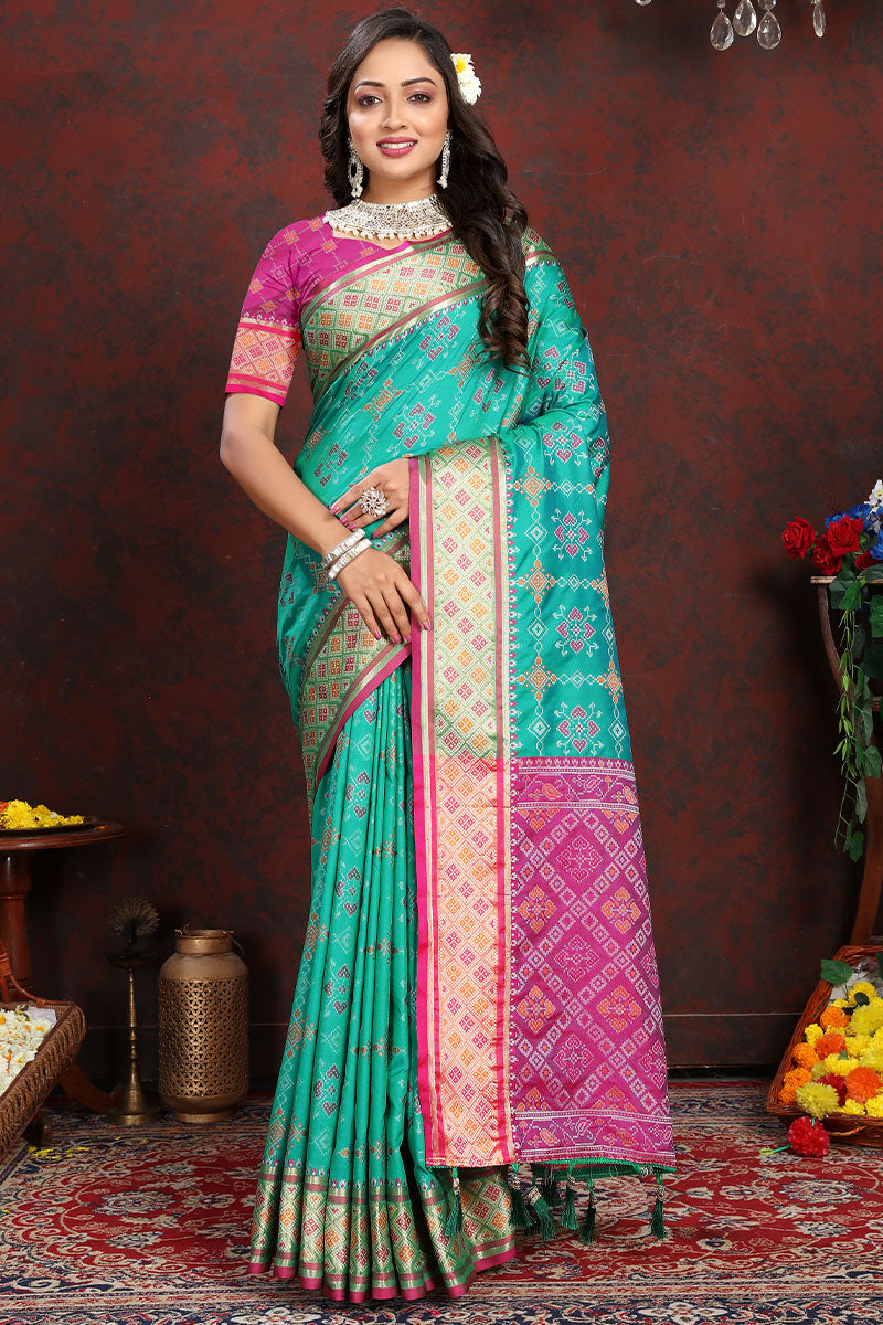 Ornate Sea Green Soft Banarasi Silk Saree With Panache Blouse Piece