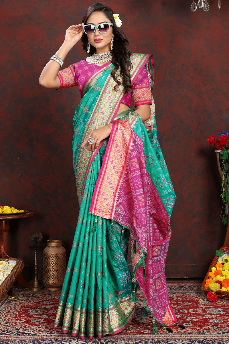 Ornate Sea Green Soft Banarasi Silk Saree With Panache Blouse Piece