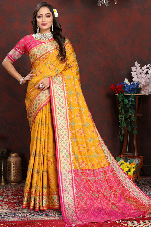 Load image into Gallery viewer, Quixotic Yellow Soft Banarasi Silk Saree With Whimsical Blouse Piece
