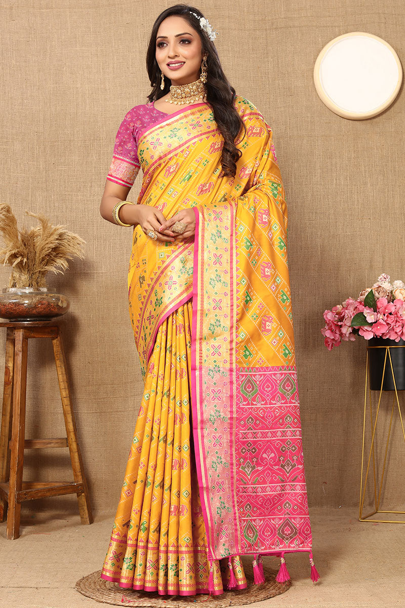 Ornate Yellow Soft Banarasi Silk Saree With Exemplary Blouse Piece