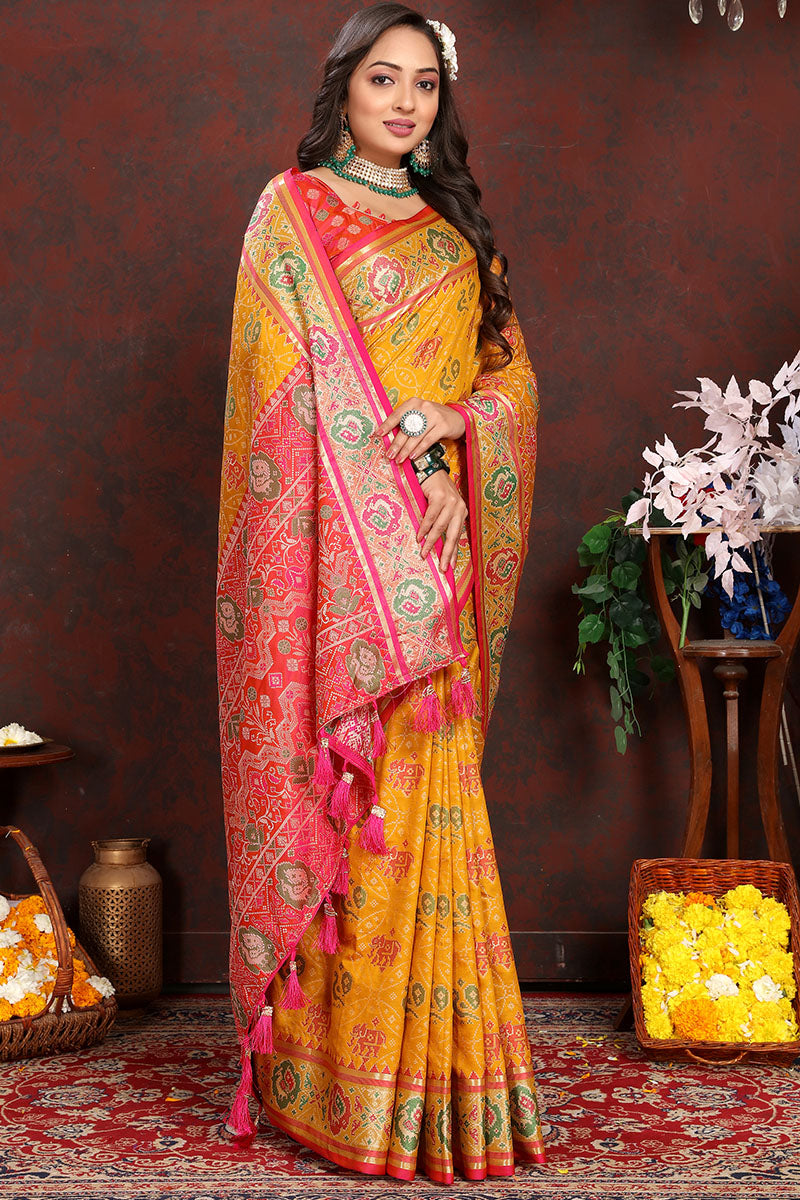 Delightful Yellow Soft Banarasi Silk Saree With Hypnotic Blouse Piece