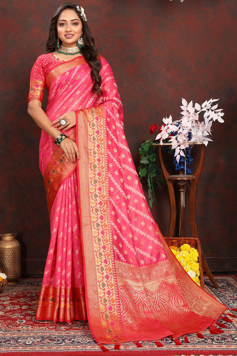 Mesmerising Dark Pink Soft Banarasi Silk Saree With Precious Blouse Piece