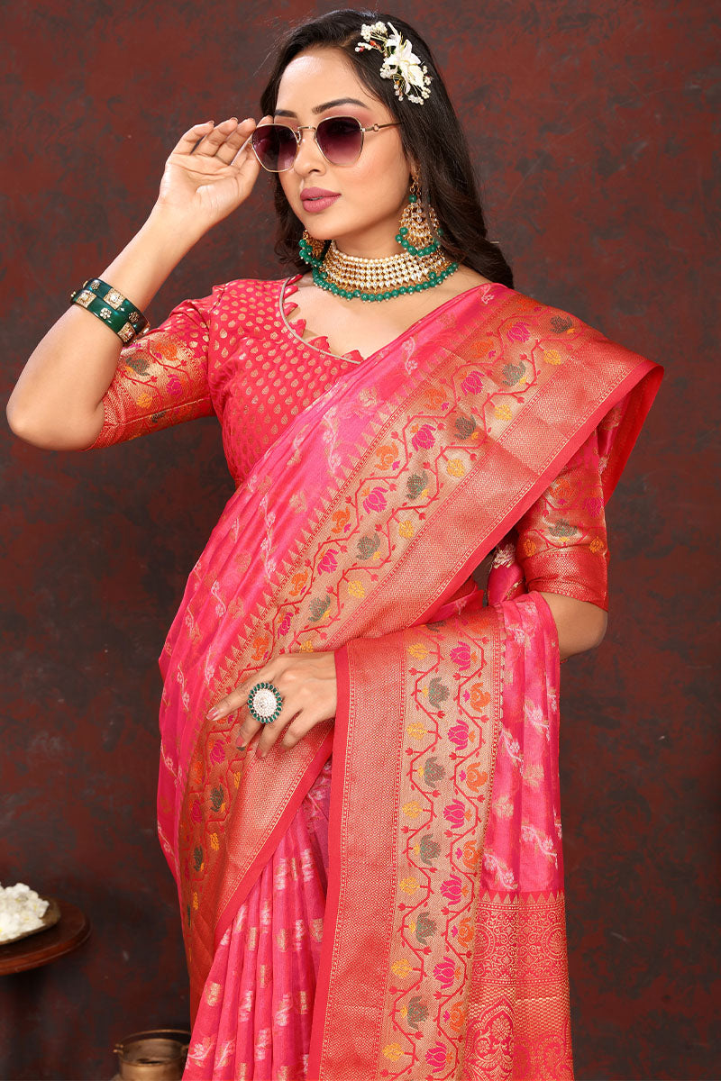 Mesmerising Dark Pink Soft Banarasi Silk Saree With Precious Blouse Piece