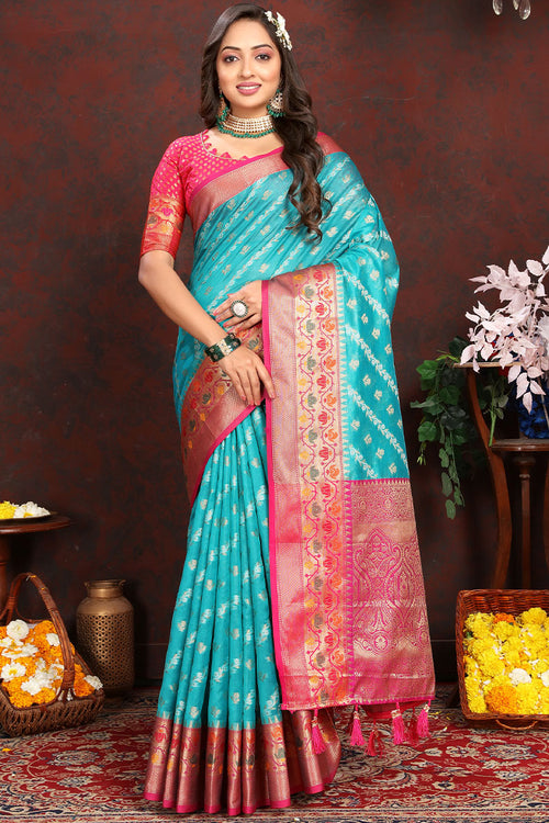 Load image into Gallery viewer, Sophisticated Firozi Soft Banarasi Silk Saree With Phenomenal Blouse Piece
