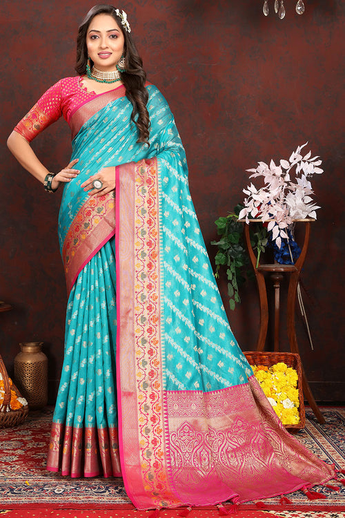 Load image into Gallery viewer, Sophisticated Firozi Soft Banarasi Silk Saree With Phenomenal Blouse Piece
