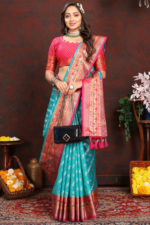 Load image into Gallery viewer, Sophisticated Firozi Soft Banarasi Silk Saree With Phenomenal Blouse Piece
