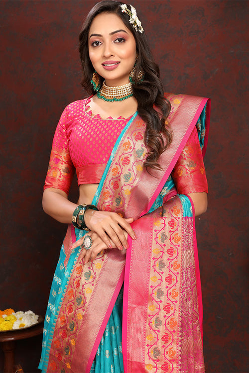 Load image into Gallery viewer, Sophisticated Firozi Soft Banarasi Silk Saree With Phenomenal Blouse Piece
