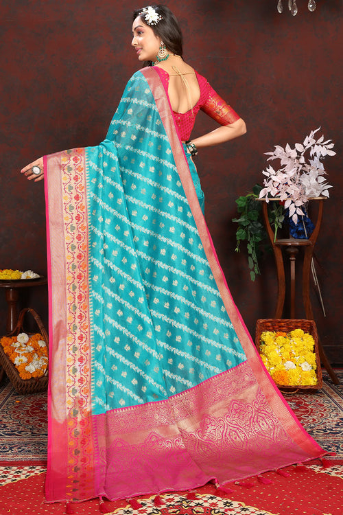 Load image into Gallery viewer, Sophisticated Firozi Soft Banarasi Silk Saree With Phenomenal Blouse Piece
