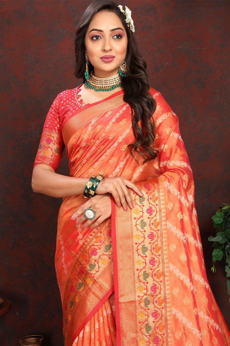 Jazzy Orange Soft Banarasi Silk Saree With Groovy Blouse Piece