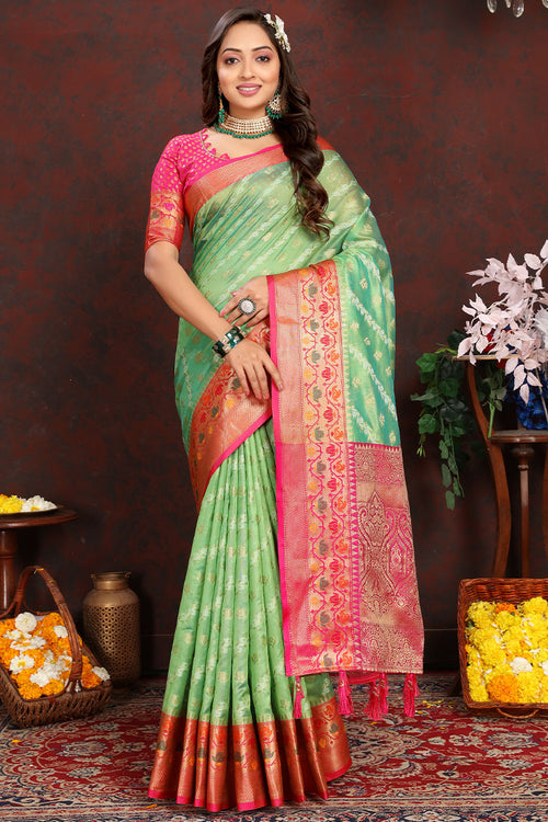 Load image into Gallery viewer, Eloquence Pista Soft Banarasi Silk Saree With Imbrication Blouse Piece
