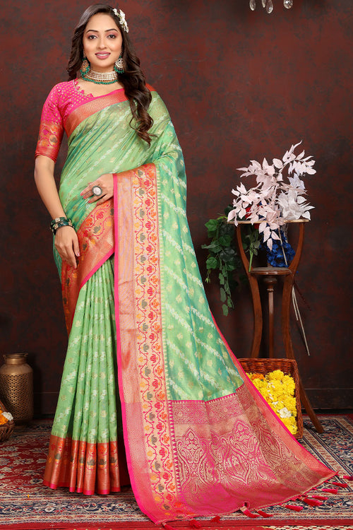 Load image into Gallery viewer, Eloquence Pista Soft Banarasi Silk Saree With Imbrication Blouse Piece
