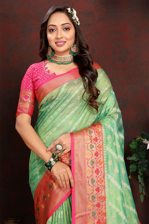 Load image into Gallery viewer, Eloquence Pista Soft Banarasi Silk Saree With Imbrication Blouse Piece
