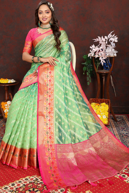 Load image into Gallery viewer, Eloquence Pista Soft Banarasi Silk Saree With Imbrication Blouse Piece
