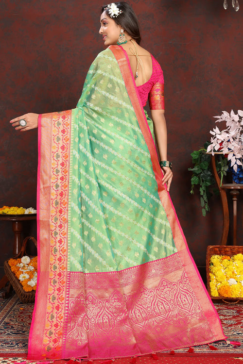 Load image into Gallery viewer, Eloquence Pista Soft Banarasi Silk Saree With Imbrication Blouse Piece
