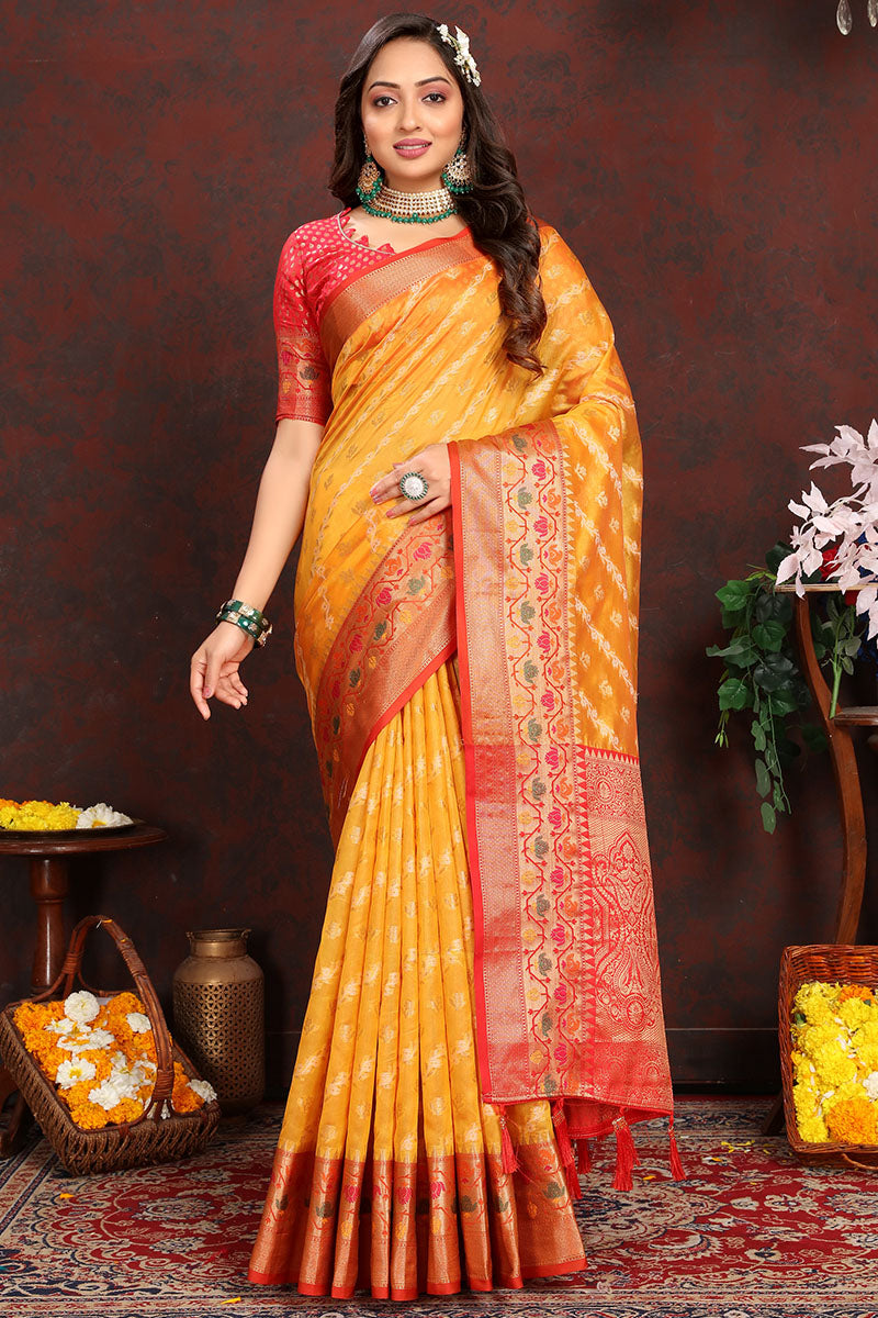 Vestigial Yellow Soft Banarasi Silk Saree With Splendiferous Blouse Piece