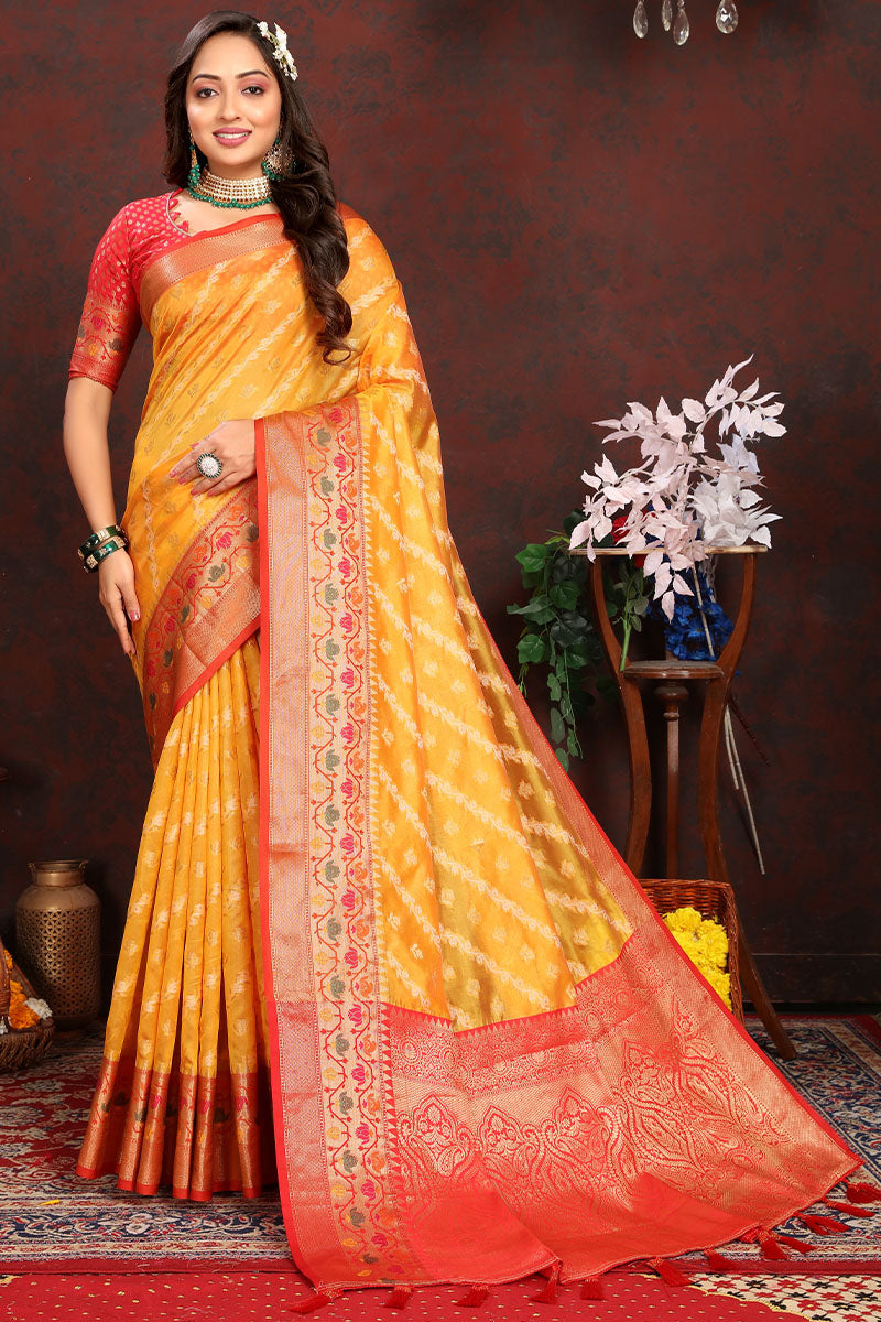 Vestigial Yellow Soft Banarasi Silk Saree With Splendiferous Blouse Piece