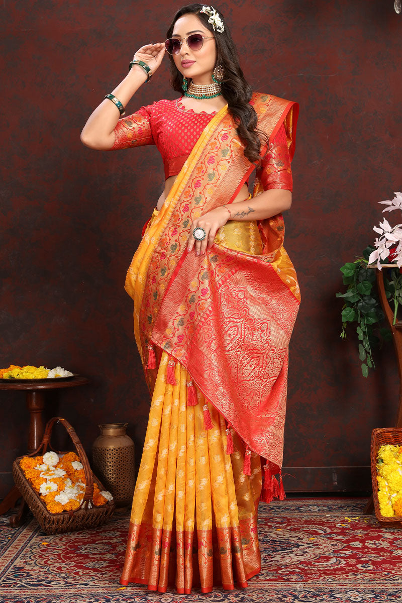 Vestigial Yellow Soft Banarasi Silk Saree With Splendiferous Blouse Piece