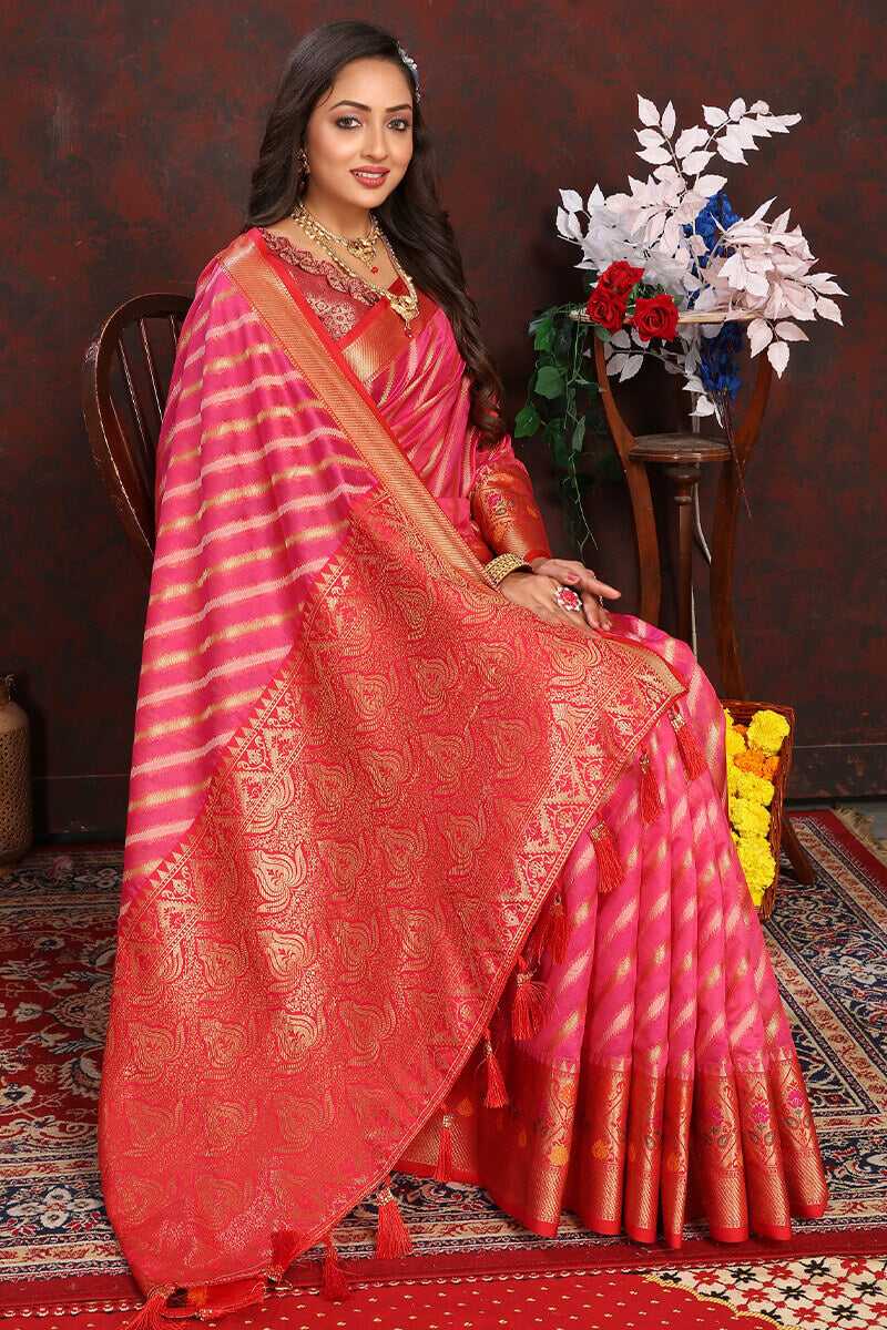 Lagniappe Dark Pink Soft Banarasi Silk Saree With Chatoyant Blouse Piece