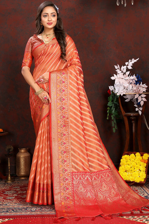 Load image into Gallery viewer, Pleasant Orange Soft Banarasi Silk Saree With Radiant Blouse Piece
