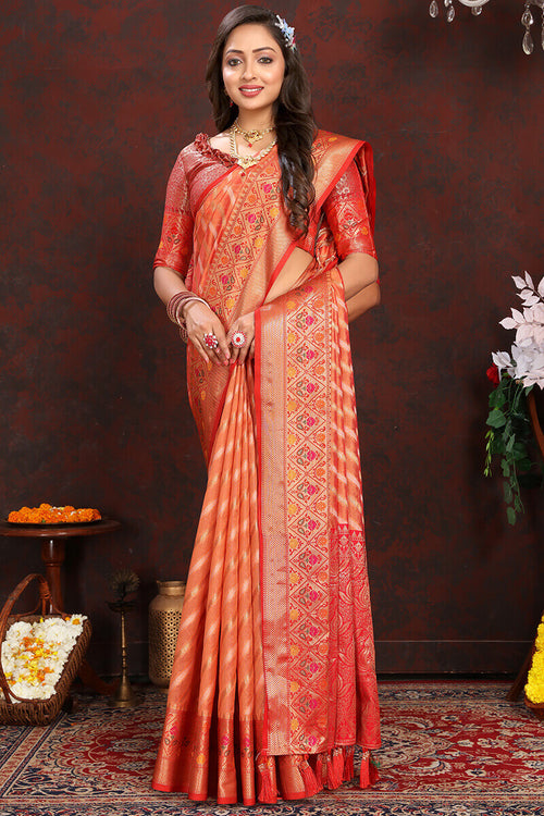 Load image into Gallery viewer, Pleasant Orange Soft Banarasi Silk Saree With Radiant Blouse Piece
