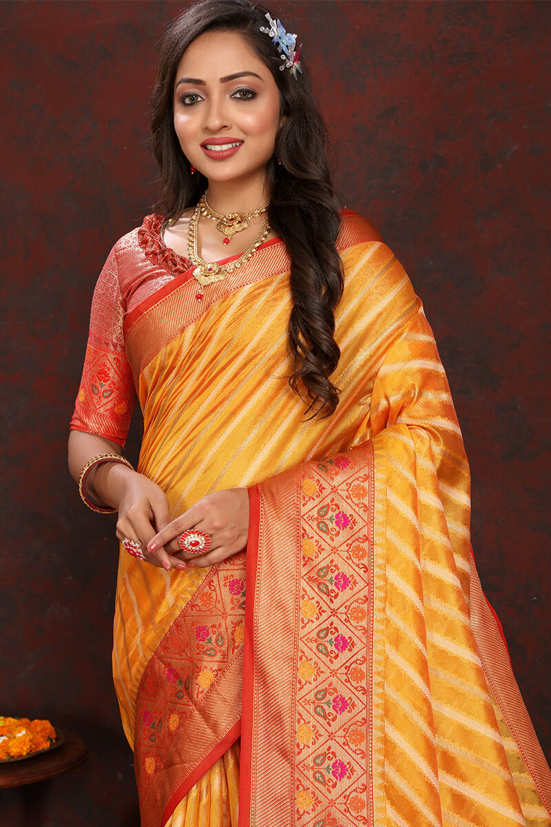 Flaunt Yellow Soft Banarasi Silk Saree With Flattering Blouse Piece