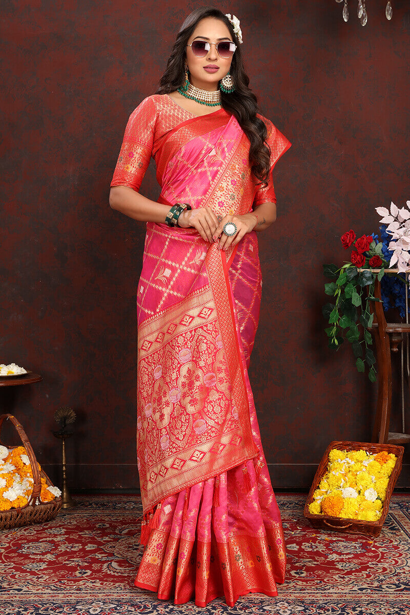 Gleaming Dark Pink Soft Banarasi Silk Saree With Gorgeous Blouse Piece