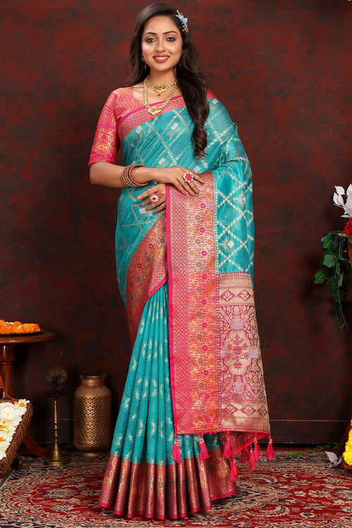 Load image into Gallery viewer, Lovely Firozi Soft Banarasi Silk Saree With Adorning Blouse Piece
