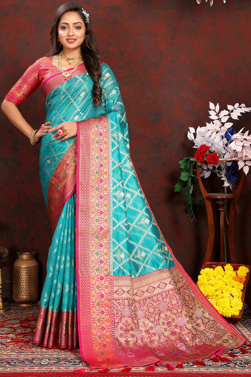 Load image into Gallery viewer, Lovely Firozi Soft Banarasi Silk Saree With Adorning Blouse Piece
