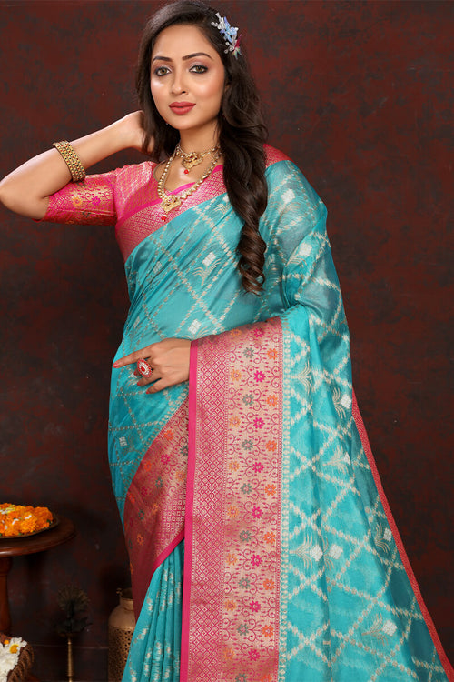 Load image into Gallery viewer, Lovely Firozi Soft Banarasi Silk Saree With Adorning Blouse Piece
