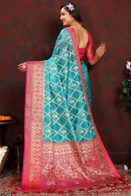 Load image into Gallery viewer, Lovely Firozi Soft Banarasi Silk Saree With Adorning Blouse Piece
