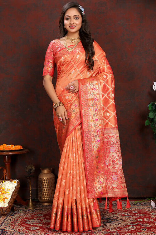 Load image into Gallery viewer, Invaluable Orange Soft Banarasi Silk Saree With Appealing Blouse Piece
