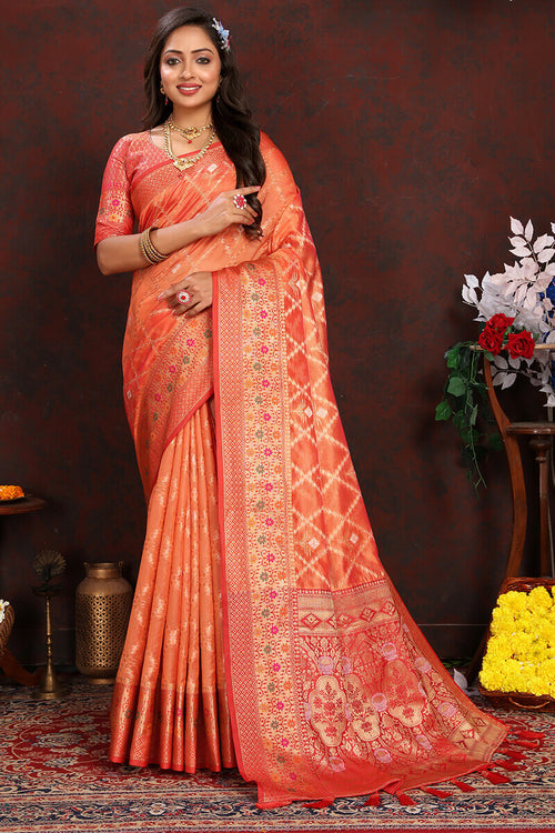 Load image into Gallery viewer, Invaluable Orange Soft Banarasi Silk Saree With Appealing Blouse Piece
