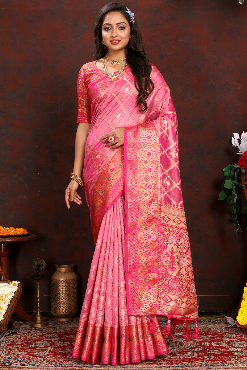 Groovy Pink Soft Banarasi Silk Saree With Pleasant Blouse Piece