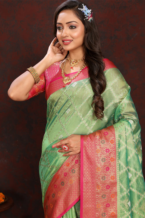 Load image into Gallery viewer, Twirling Pista Soft Banarasi Silk Saree With Traditional Blouse Piece
