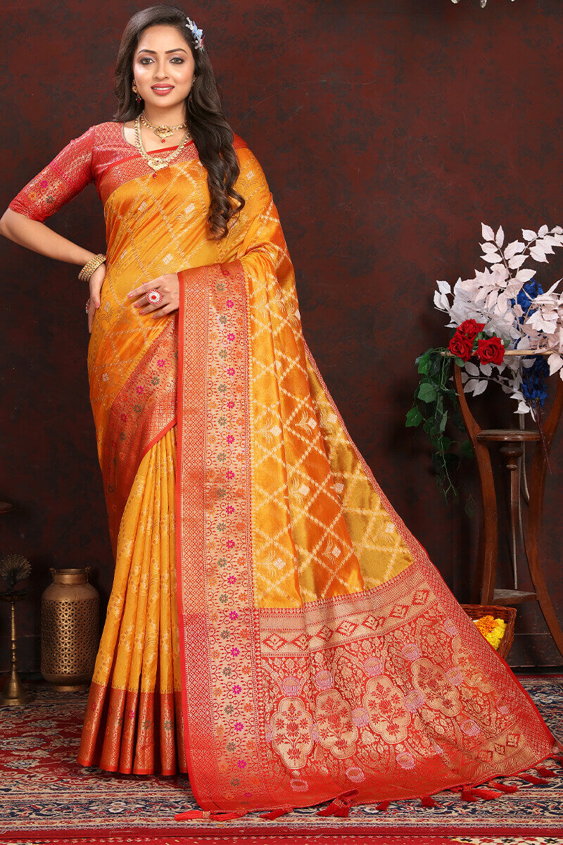 Excellent Yellow Soft Banarasi Silk Saree With Conflate Blouse Piece